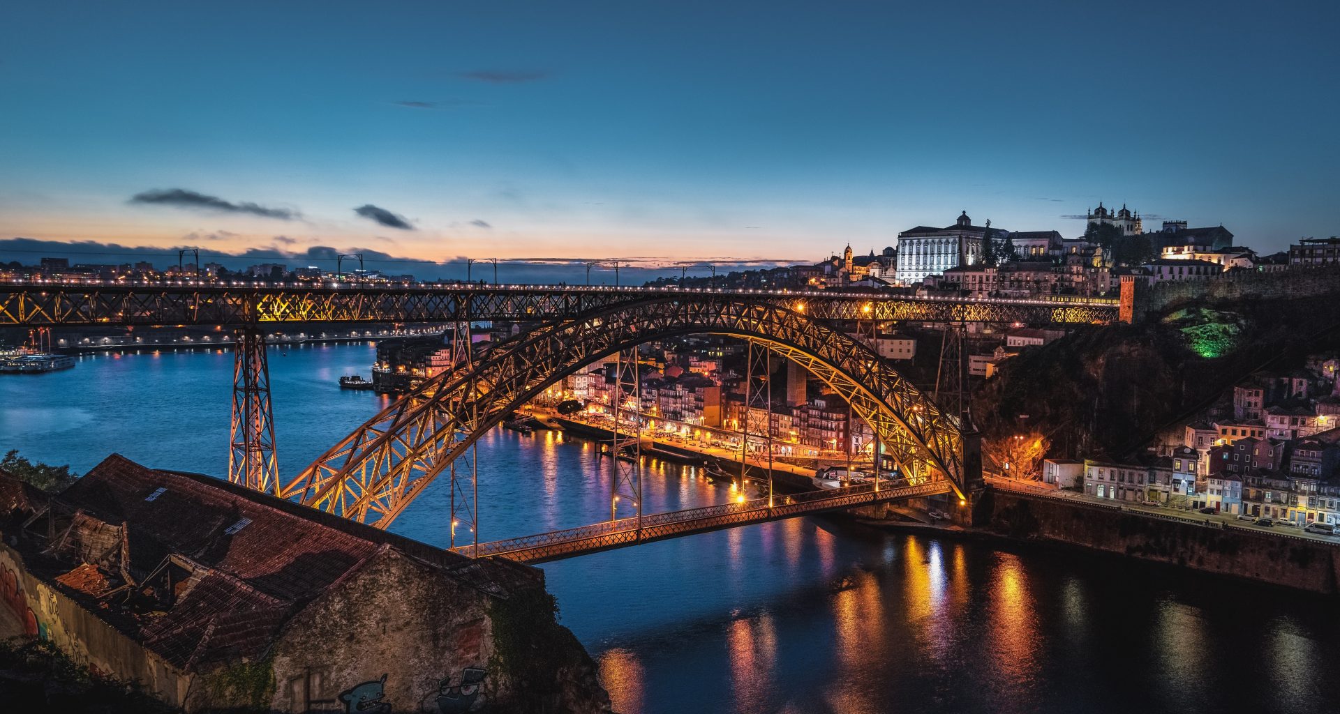 The portuguese bridge at dusk in Porto, Portugal.