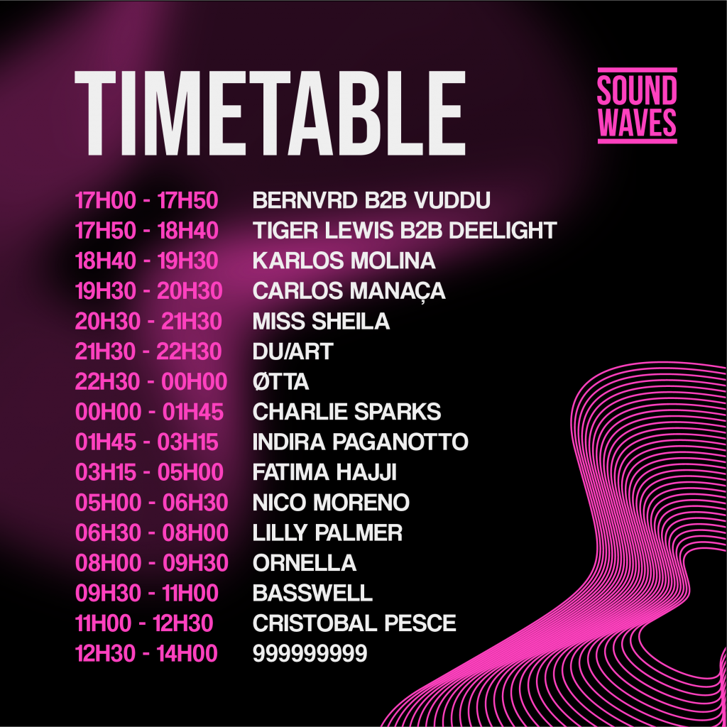 Timetable artwork of Sound Waves 2023, a techno festival in Esmoriz, Portugal