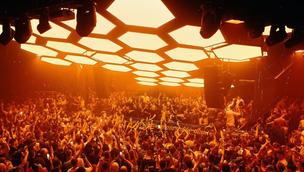 Hexagonal orange lights and crowd dancing at the nightclub Pacha in Ibiza, Spain