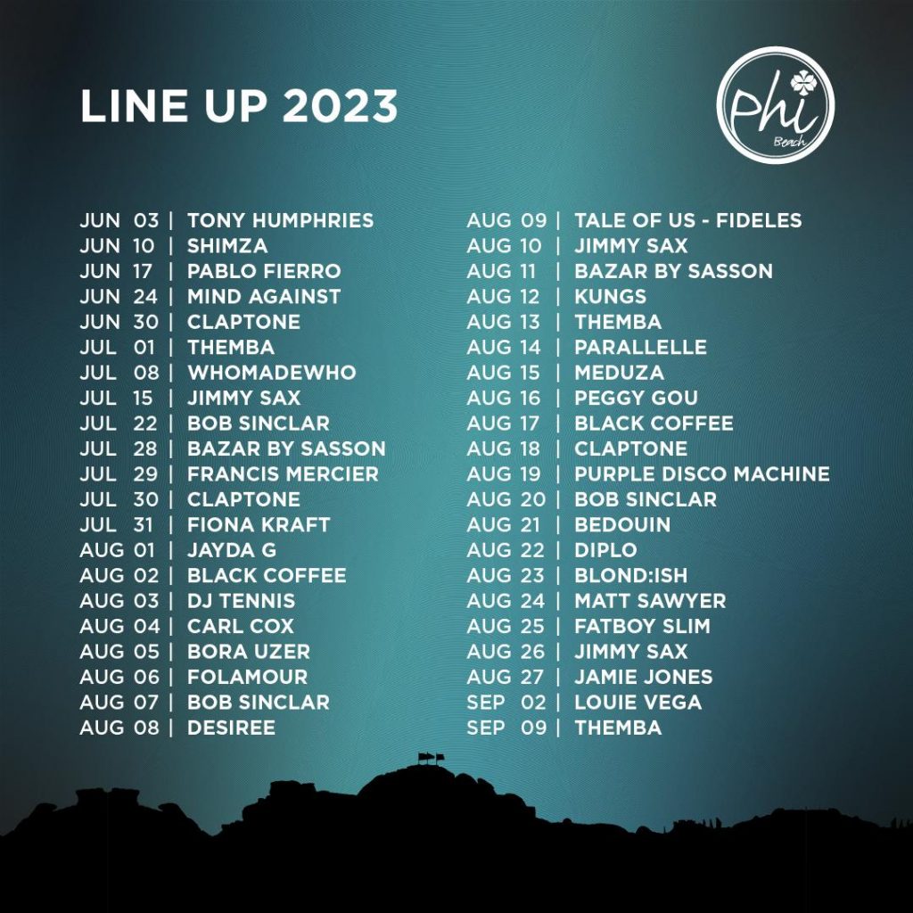Artwork of the line up of Phi Beach summer line-up 2023