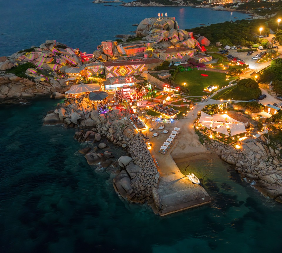 View from the sky of the electronic music club Phi Beach in Baja Sardinia, Italy
