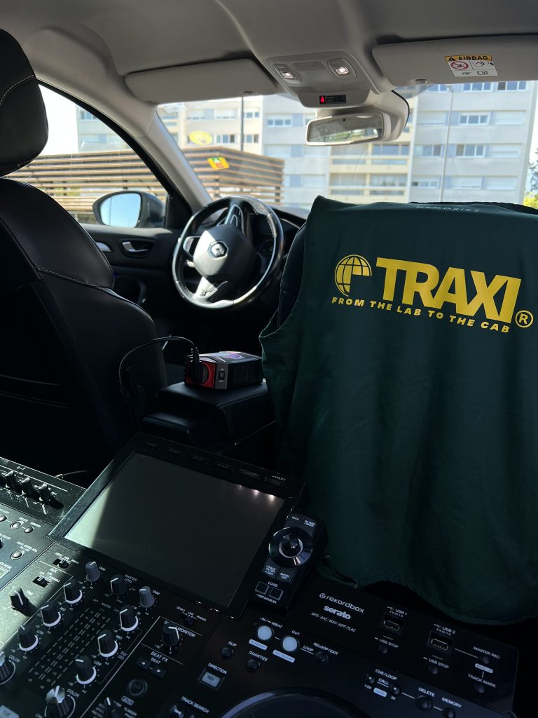 
The interior of TRAXI, a car with a dj booth founded by Aimjé