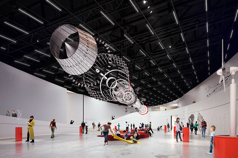 Large-scale art installation at MAAT Lisbon, featuring a suspended mechanical structure in a spacious, modern gallery.