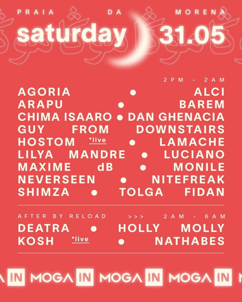a peachy pink line-up poster with artists performing at Moga Caparica music festival on friday 31th May 2025 in Portugal