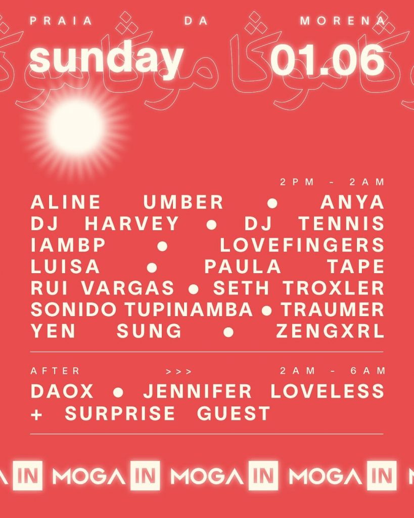 a peachy pink line-up poster with artists performing at Moga Caparica music festival on friday 1s June 2025 in Portugal
