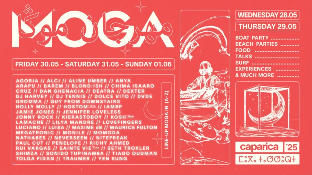 MOGA Caparica 2025 Line-up poster with a peacy pink background and all the other details from Friday to Sunday.