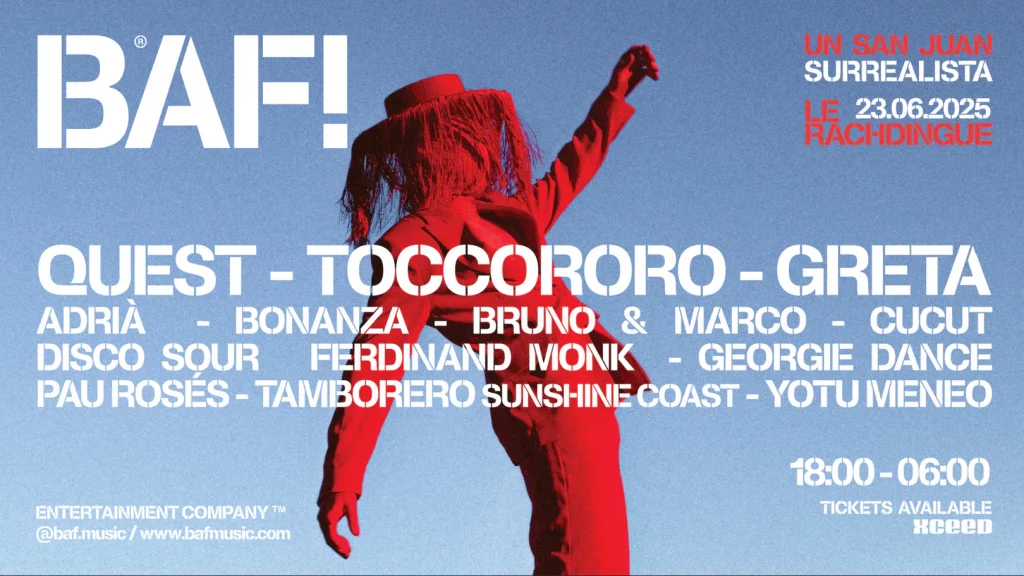 Official poster for BAF! Rachdingue San Juan 2025 with lineup including Toccororo, Quest, Greta, Cucut, Bruno & Marco, and others in bold red visuals