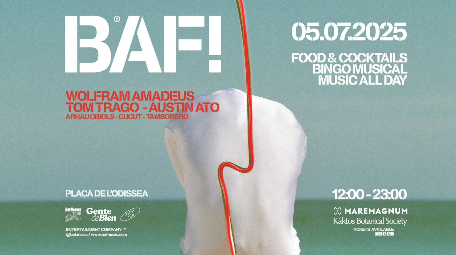 Official poster for BAF! Barcelona PORT 2025 at Maremagnum with lineup including Tom Trago, Austin Ato, Wolfram Amadeus and more