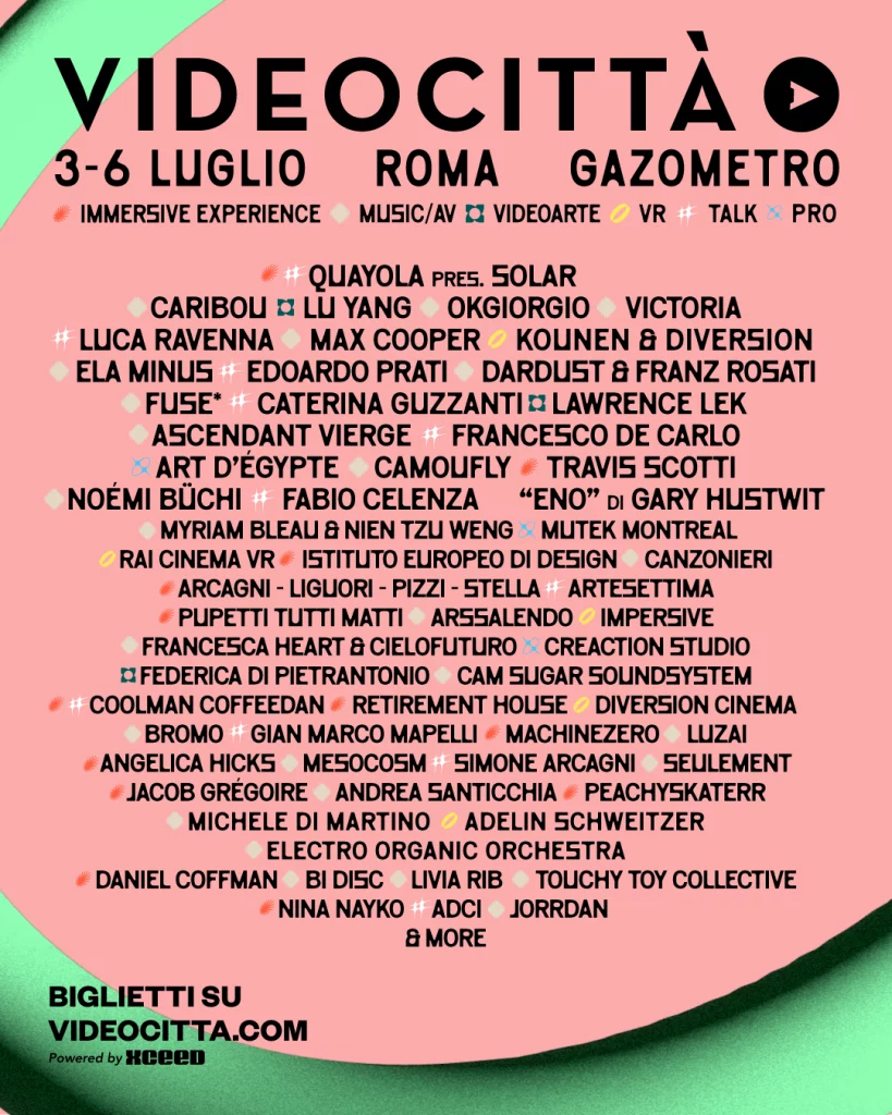 Official lineup poster for VIDEOCITTÀ Festival 2025, taking place July 3–6 in Rome’s Gazometro. The image features a pink background with a bold festival logo, dates, and location, alongside a curated list of artists and contributors including Caribou, Ela Minus, Max Cooper, okgiorgio and more.