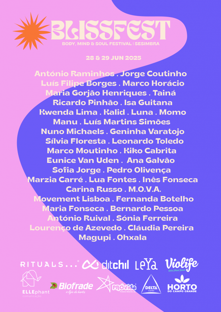 Blissfest 2025 full lineup on pink and purple graphic background