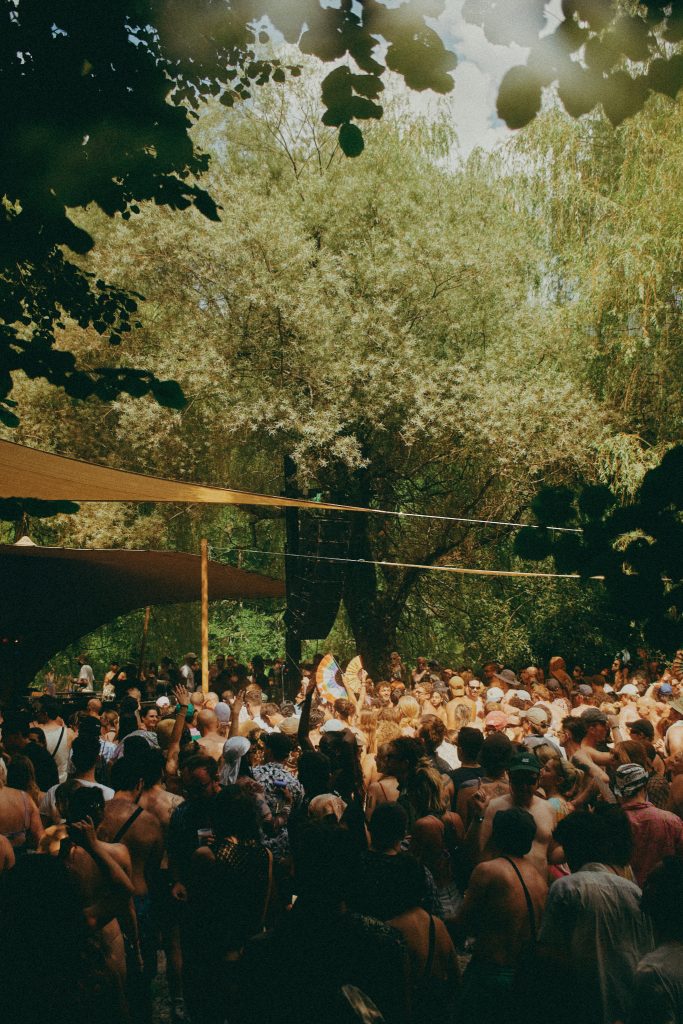 Crowd dancing at Butik Festival in a forest stage setting in Tolmin, Slovenia