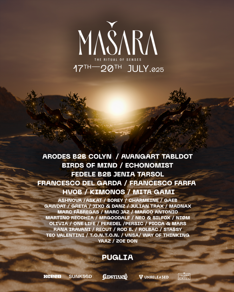 Official Masara Festival 2025 poster featuring dates July 17–20, Puglia location, and a full artist lineup including Arodes, Colyn, HVOB, and more against a sunset desert backdrop.