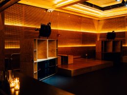 The Sound Room at Public Records Brooklyn, showcasing its hi-fi sound system and acoustic design in an empty, minimalist setting.