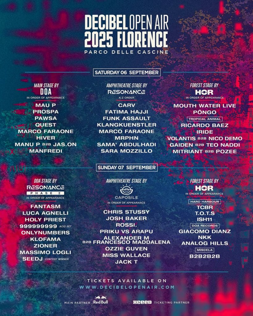 Official lineup poster for Decibel Open Air 2025 in Florence, featuring Mau P, Fatima Hajji, Chris Stussy, Klangkuenstler, Priku and many more across Resonance, Caposile and HOR stages.