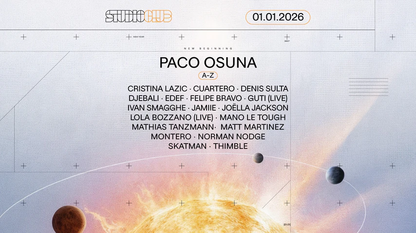 Flyer del evento de Año Nuevo con Paco Osuna como cabeza de cartel.