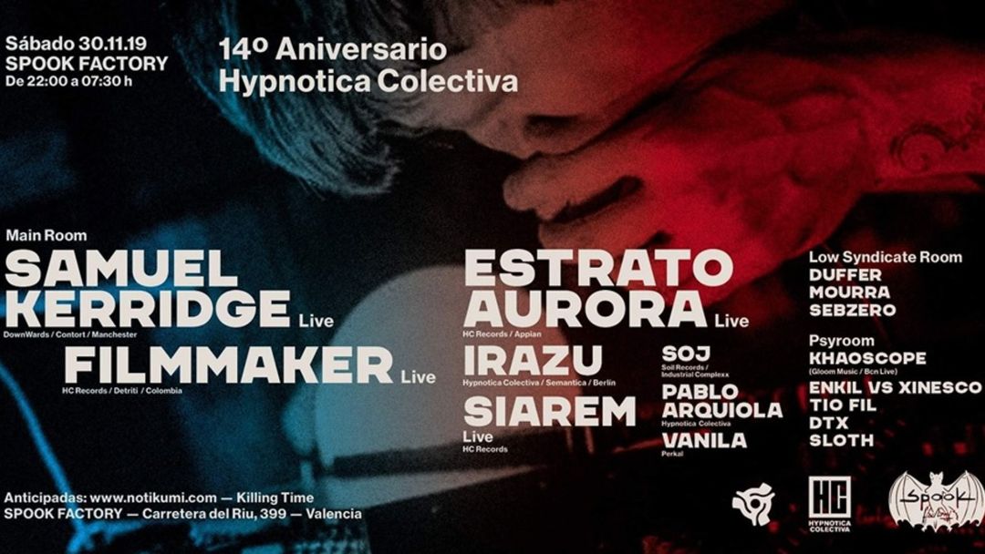 Cartel del evento 14º Aniversario HC, Samuel Kerridge, Filmmaker, Estrato Aurora. Spook Factory
