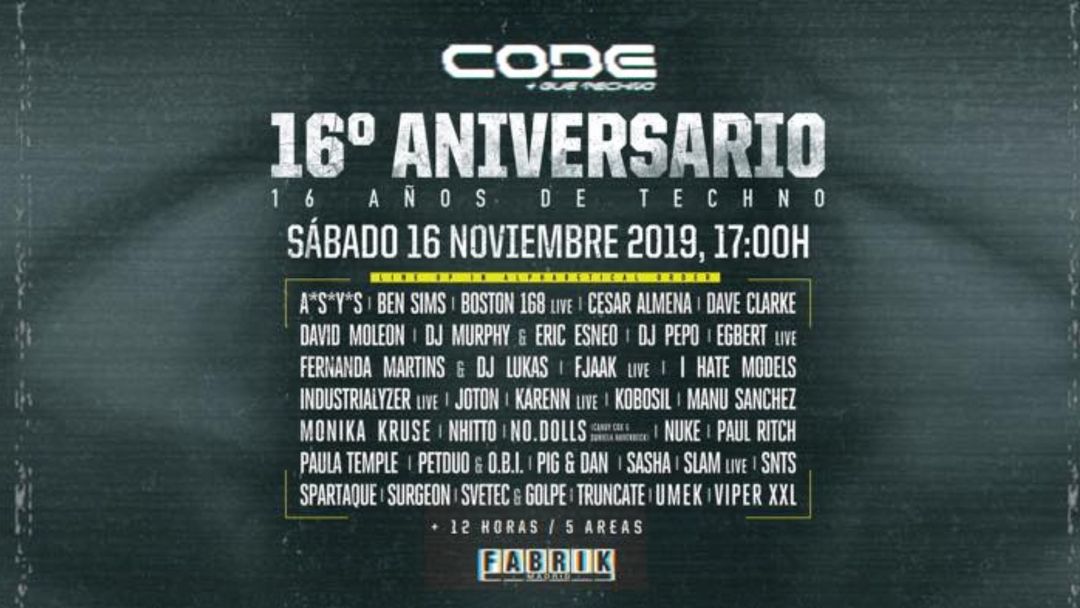 Copertina evento 16 Aniversario CODE - Ben Sims, FJAAK, Paul Ritch, Fernanda Martins, Boston 168