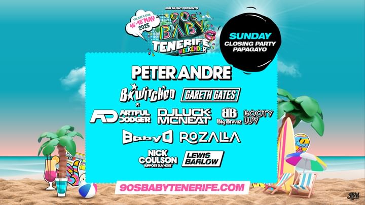 Cover for event: 90s Baby Tenerife (Sunday 18th May): Peter Andre, B*Witched, Gareth Gates & More