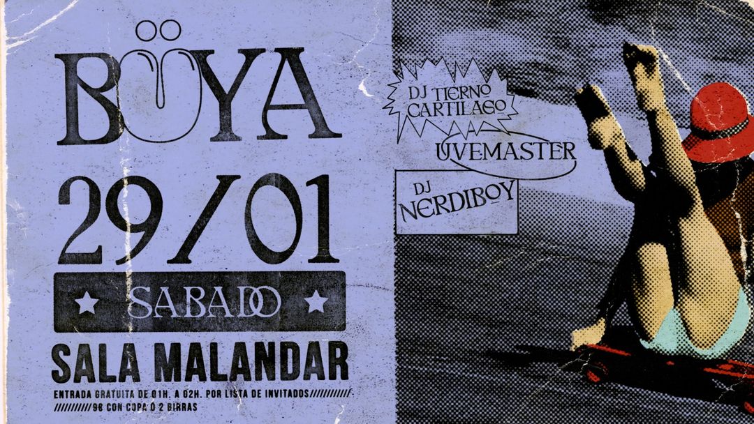 Cartel del evento BÜYA Club con Uvemaster, Tierno Cartílago y Dj Nerdiboy