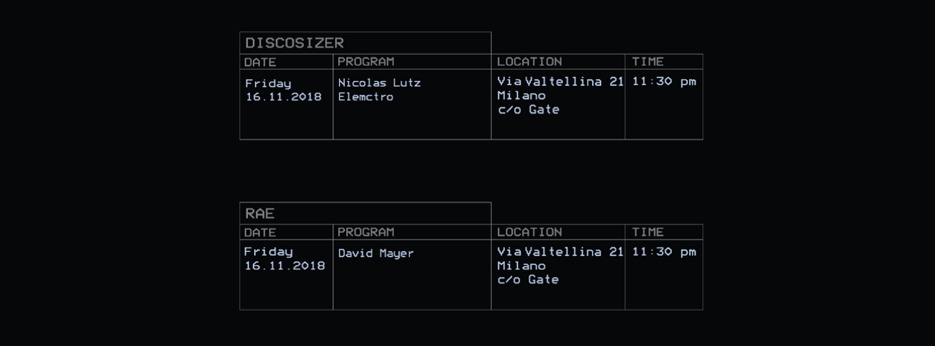 Discosizer presents Nicolas Lutz & RAE presents David Mayer