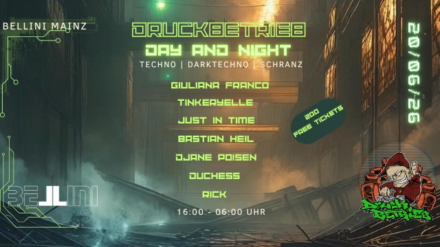 DRUCKBETRIEB FREERAVE - Techno-Party am Sa 20 Juni im Bellini Club