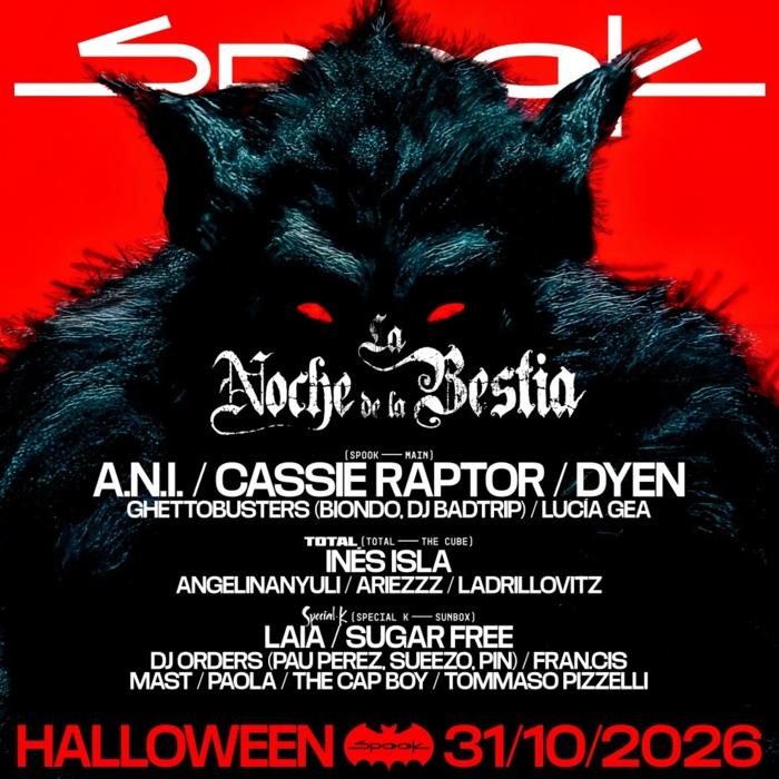Cartel de Halloween: Cassie Raptor + DYEN + A.N.I. & Total w/ Ines Isla & Special-k w/ Laia + Sugar en Spook Club