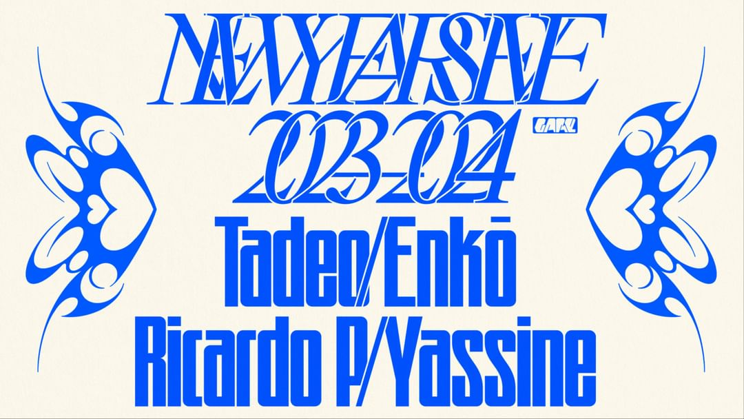 Cartel del evento NYE 2023/24 * Tadeo + Enkō + Ricardo P + Yassine