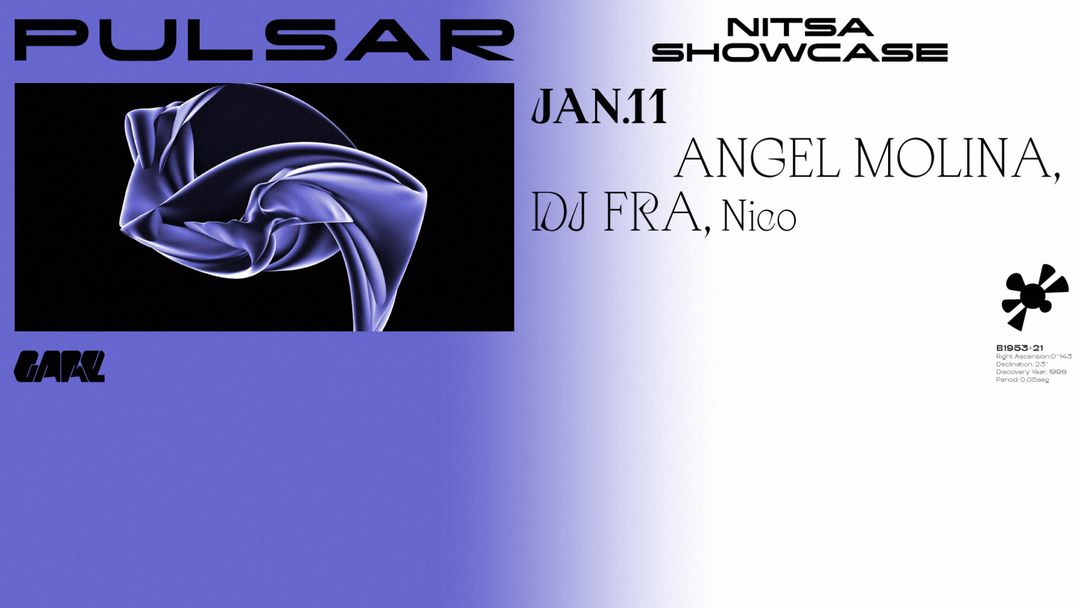 Cartell de l'esdeveniment Pulsar X Nitsa Showcase w/ Angel Molina, DJ Fra, Nico