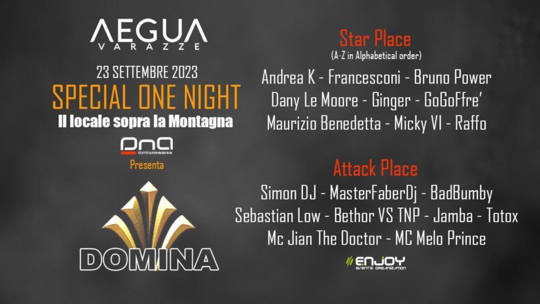 Cartell de l'esdeveniment Sabato 23 Settembre DOMINA Official Party @ AEGUA Varazze (Sv)