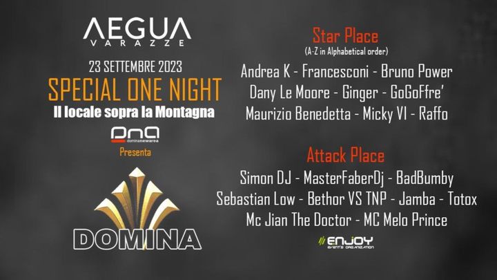 Cover for event: Sabato 23 Settembre DOMINA Official Party @ AEGUA Varazze (Sv)