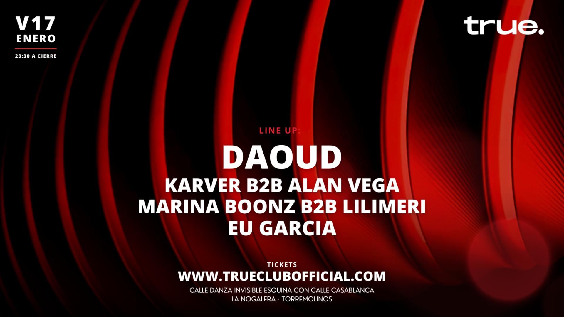 TRUE CLUB PRESENTA A DAOUD, KARVER B2B ALAN VEGA, MARINA BOONZ B2B LILIIMERI Y EU GARCIA image
